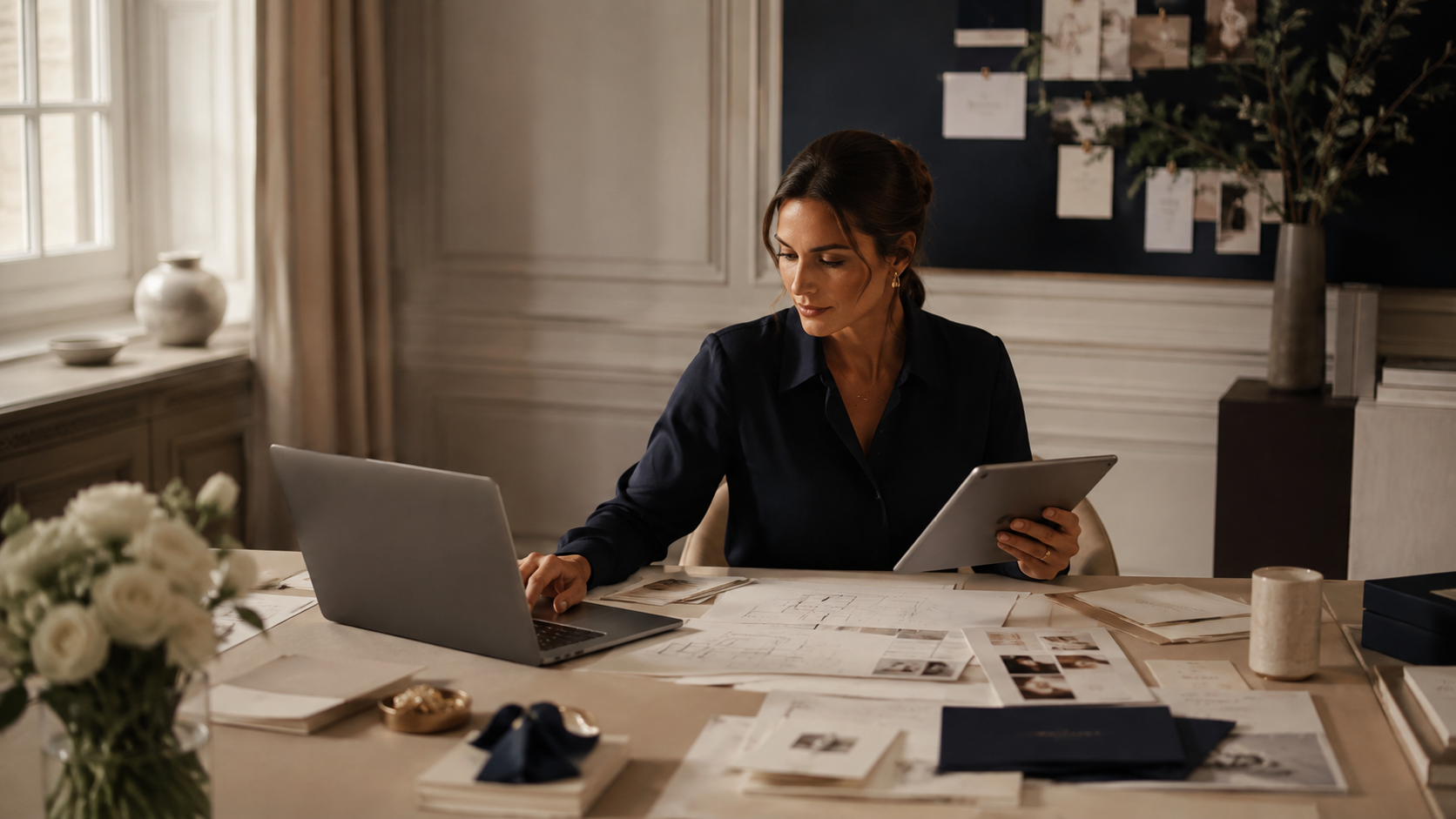 A professional wedding planner working at a desk with a laptop, tablet, floor plans, printed schedules and a moodboard